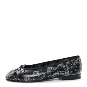 Calfskin Camellia Printed Cap Toe Ballerina Flats 36 Black White