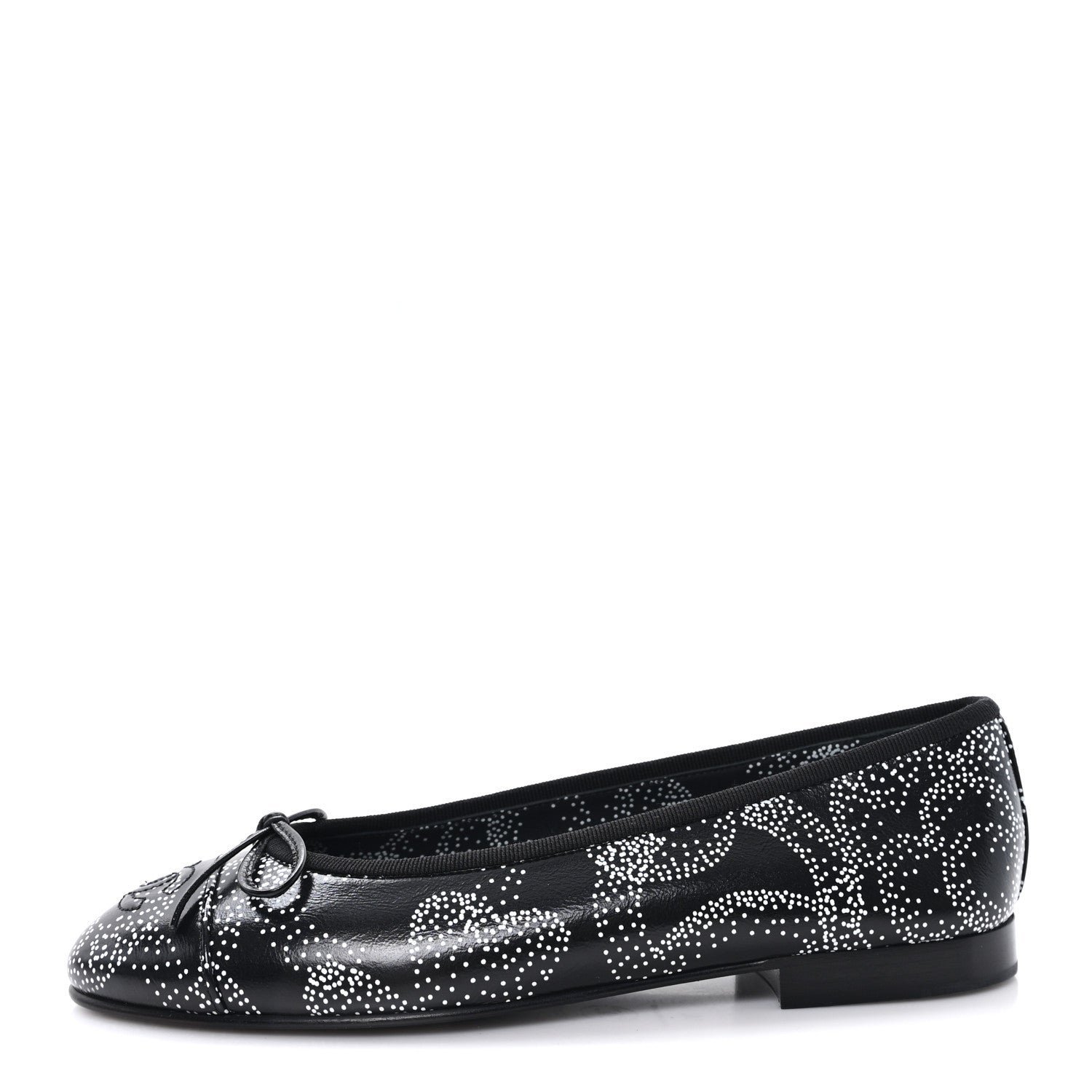 Calfskin Camellia Printed Cap Toe Ballerina Flats 36 Black White