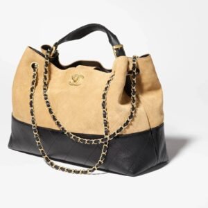 Large Shopping Bag Braided Straw, Suede Calfskin & Gold-Tone Metal
