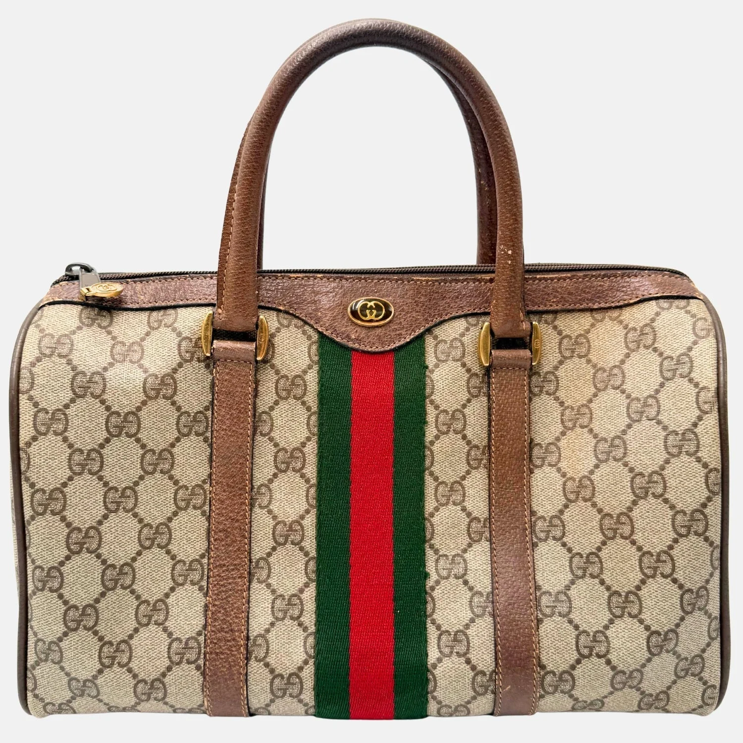 Boston Bag Beige and Brown GG Supreme Canvas Medium