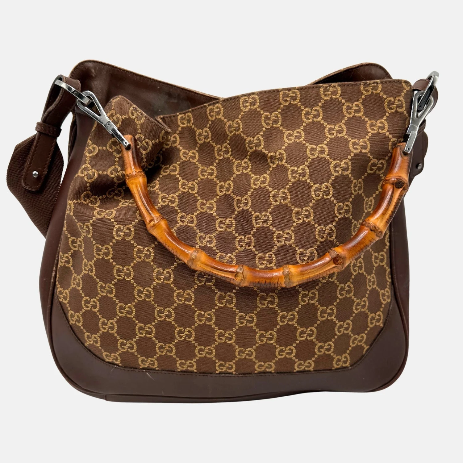 Shoulder Bag Brown Canvas with Bamboo Handle