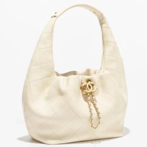 Chanel Hobo Handbag White Lambskin & Gold-Tone Metal
