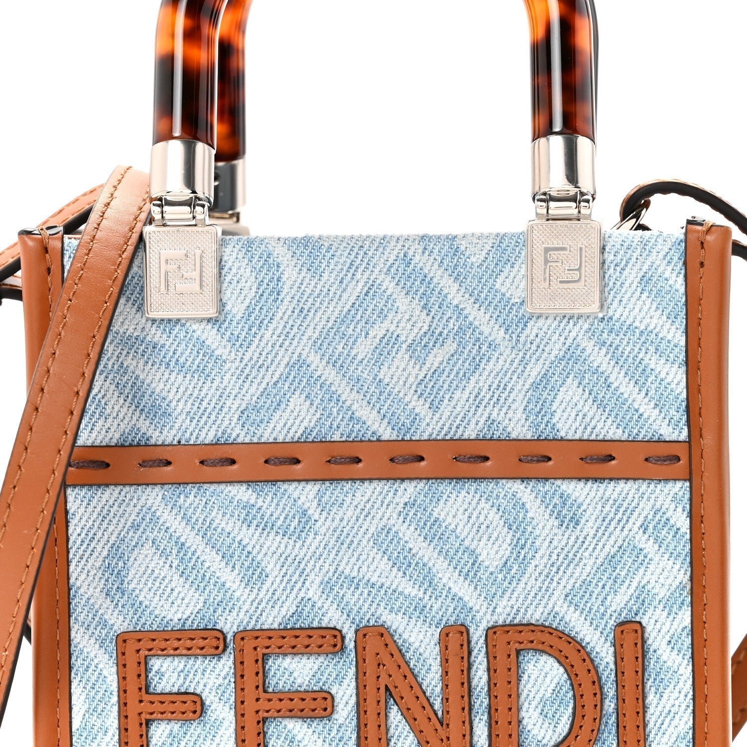 Fendi Denim Vitello King FF Embroidered Plexiglass Mini Sunshine Shopper Tote - Image 8