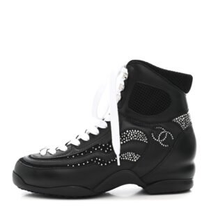 Calfskin Mesh Strass Womens CC Sneakers 37 Black Silver