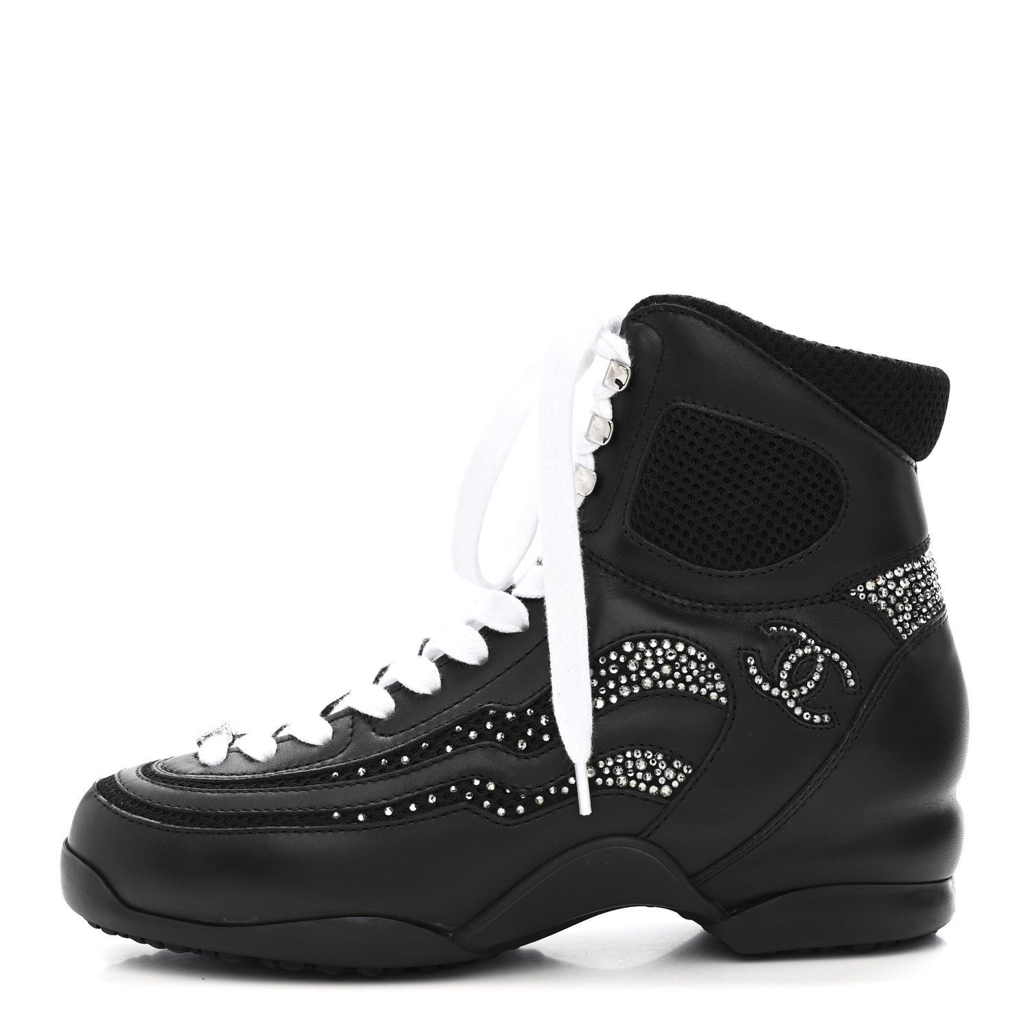 Calfskin Mesh Strass Womens CC Sneakers 37 Black Silver