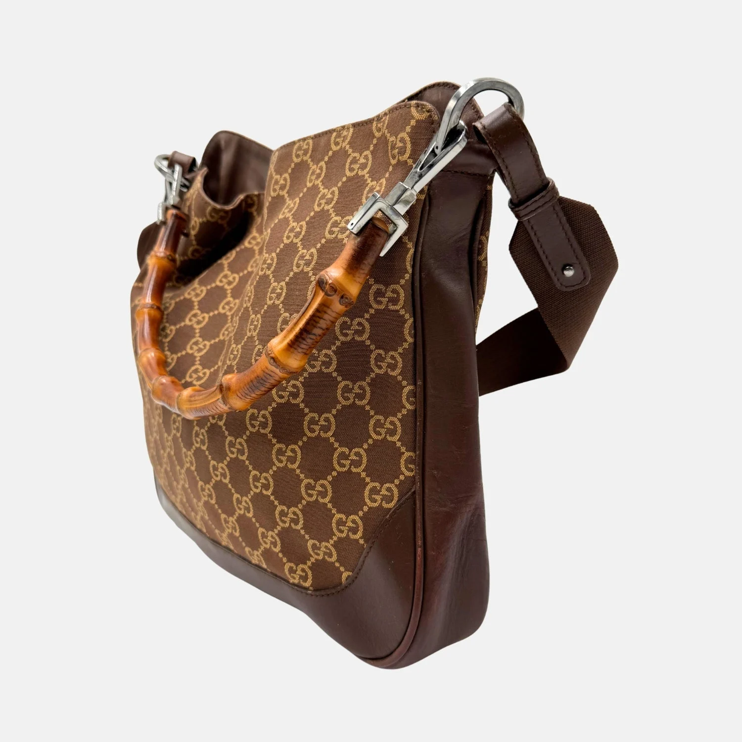 Shoulder Bag Brown Canvas with Bamboo Handle - Image 3