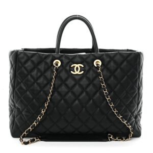 Caviar Quilted Large Coco Handle Shopping Tote Black