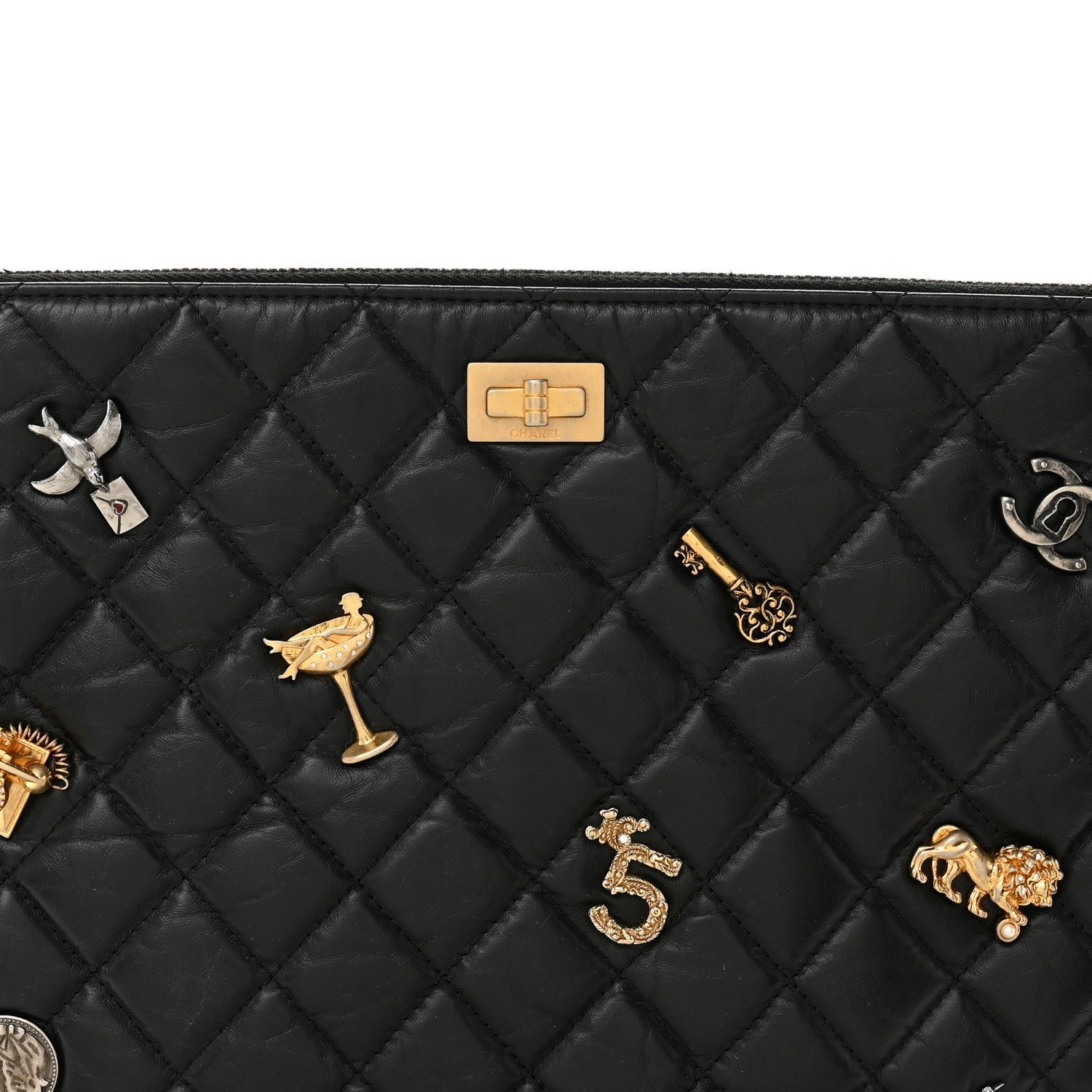 Aged Calfskin Quilted Medium Lucky Charms Cosmetic Case Black
