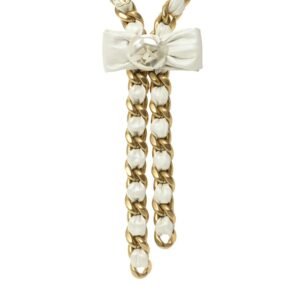 Calfskin Chain Camellia Bow Necklace Gold White