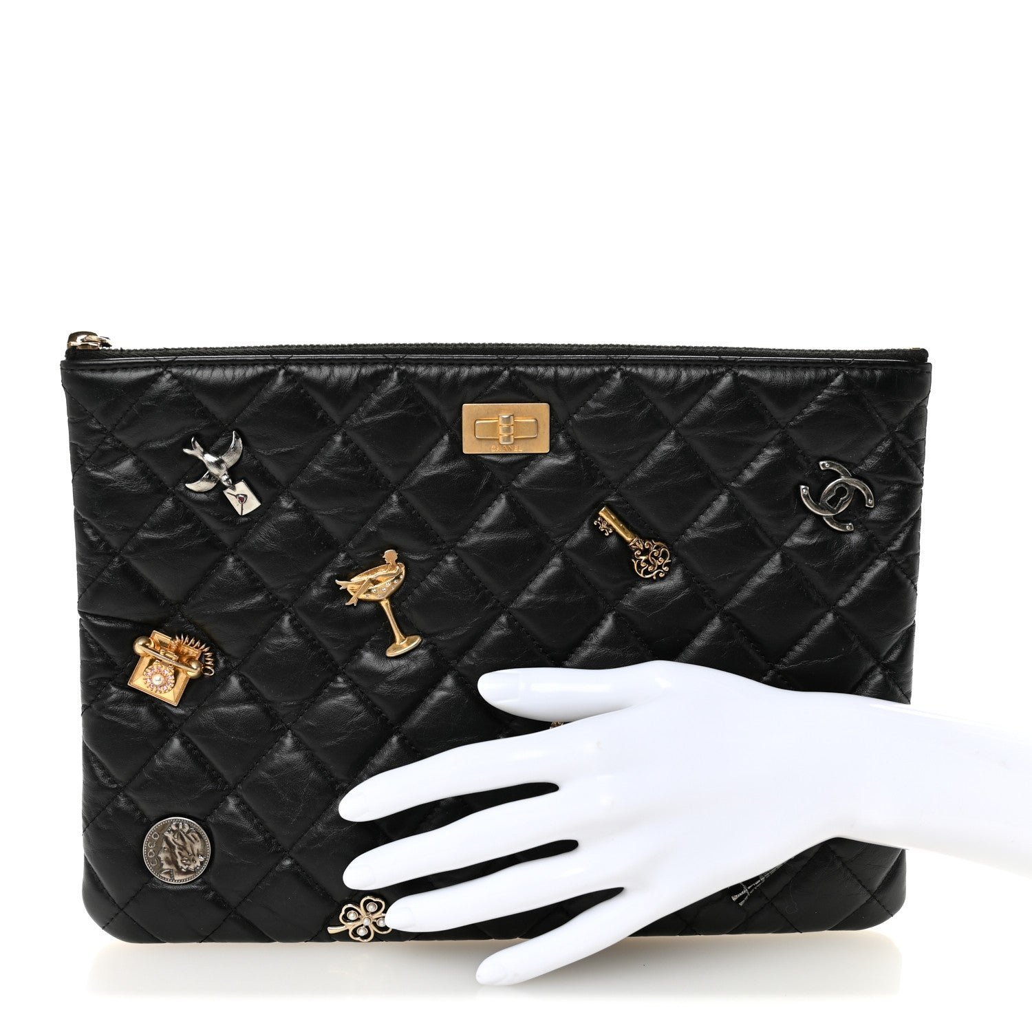 Aged Calfskin Quilted Medium Lucky Charms Cosmetic Case Black - Image 2