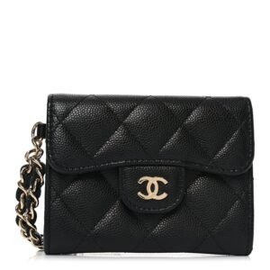 Caviar Quilted Flap Card Holder Chain Wristlet Black