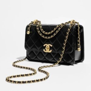 Wallet on chain Shiny calfskin leather & gold-tone metal  Black