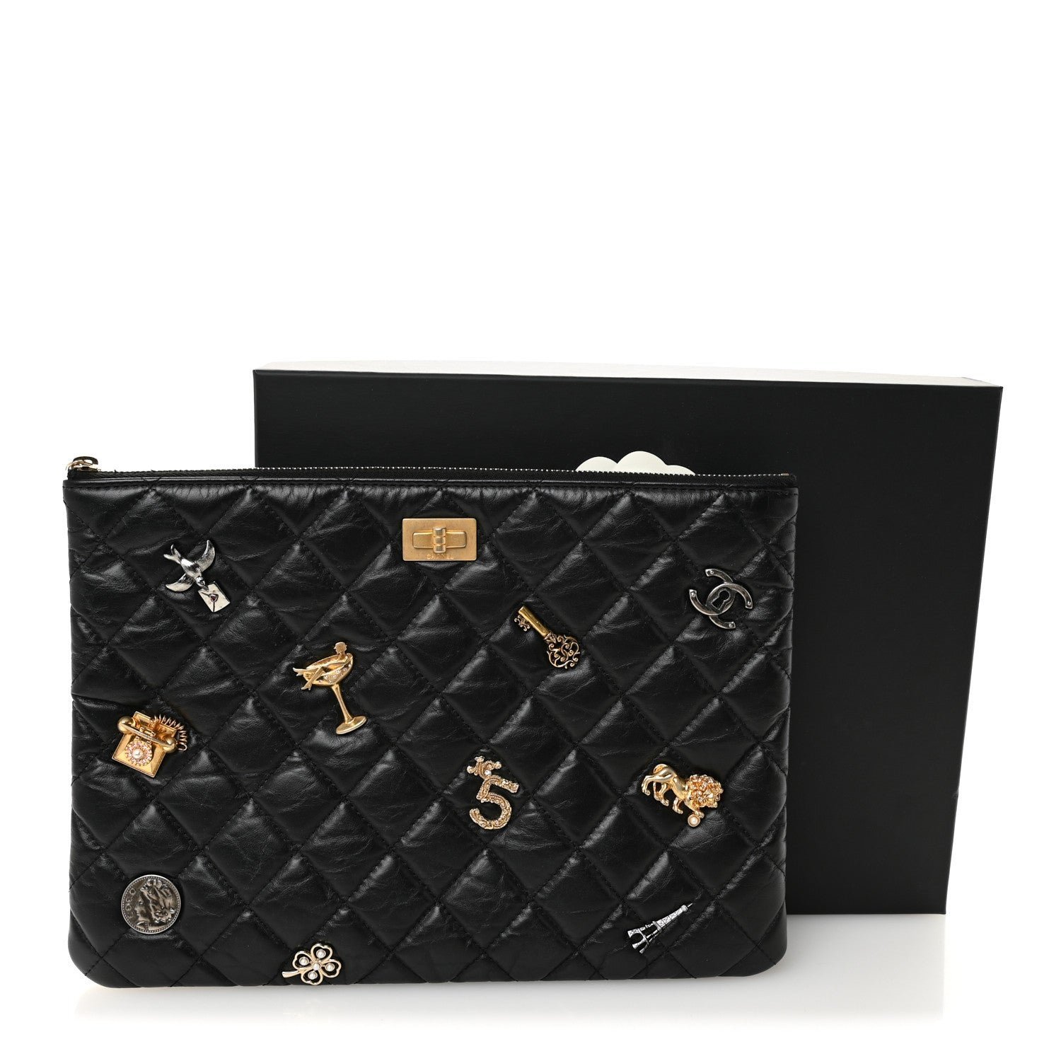 Aged Calfskin Quilted Medium Lucky Charms Cosmetic Case Black - Image 8