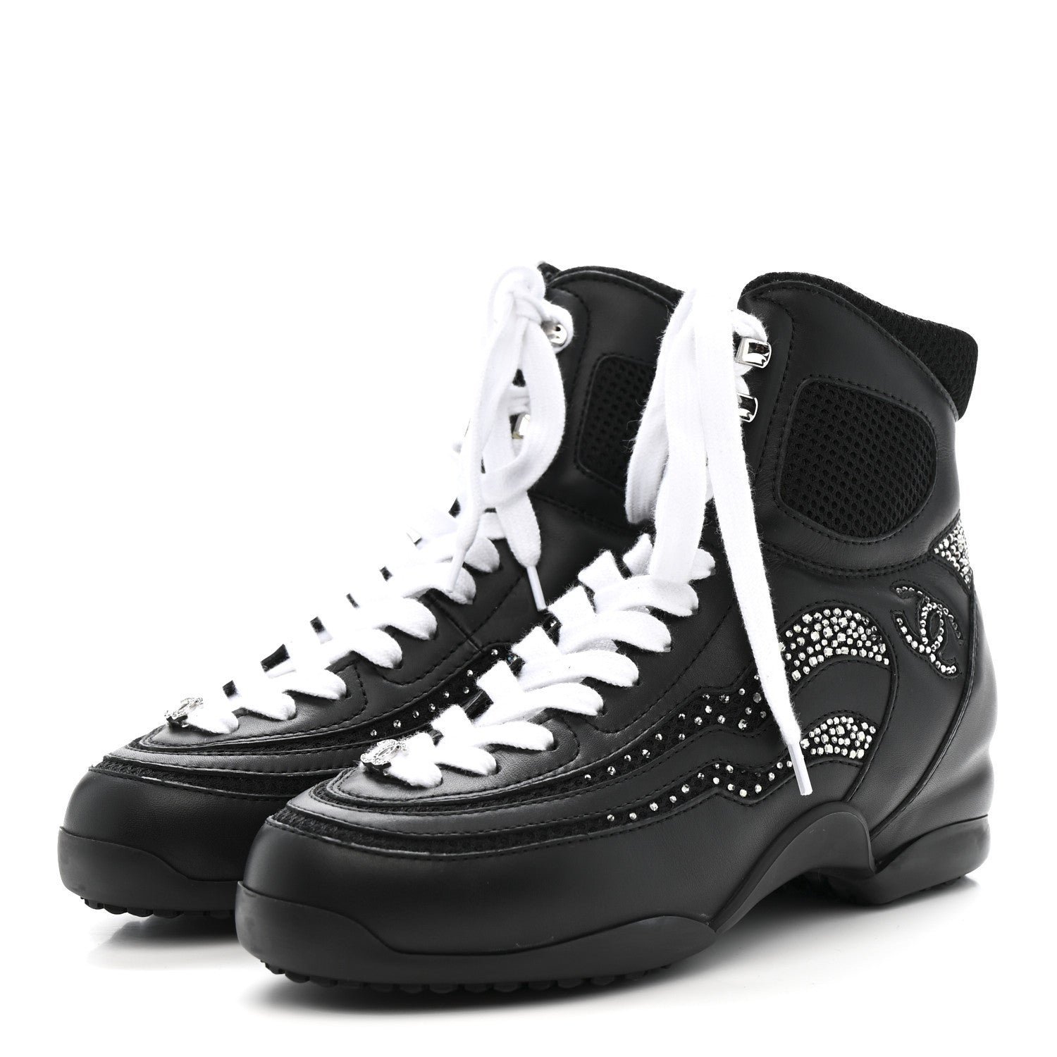 Calfskin Mesh Strass Womens CC Sneakers 37 Black Silver - Image 4