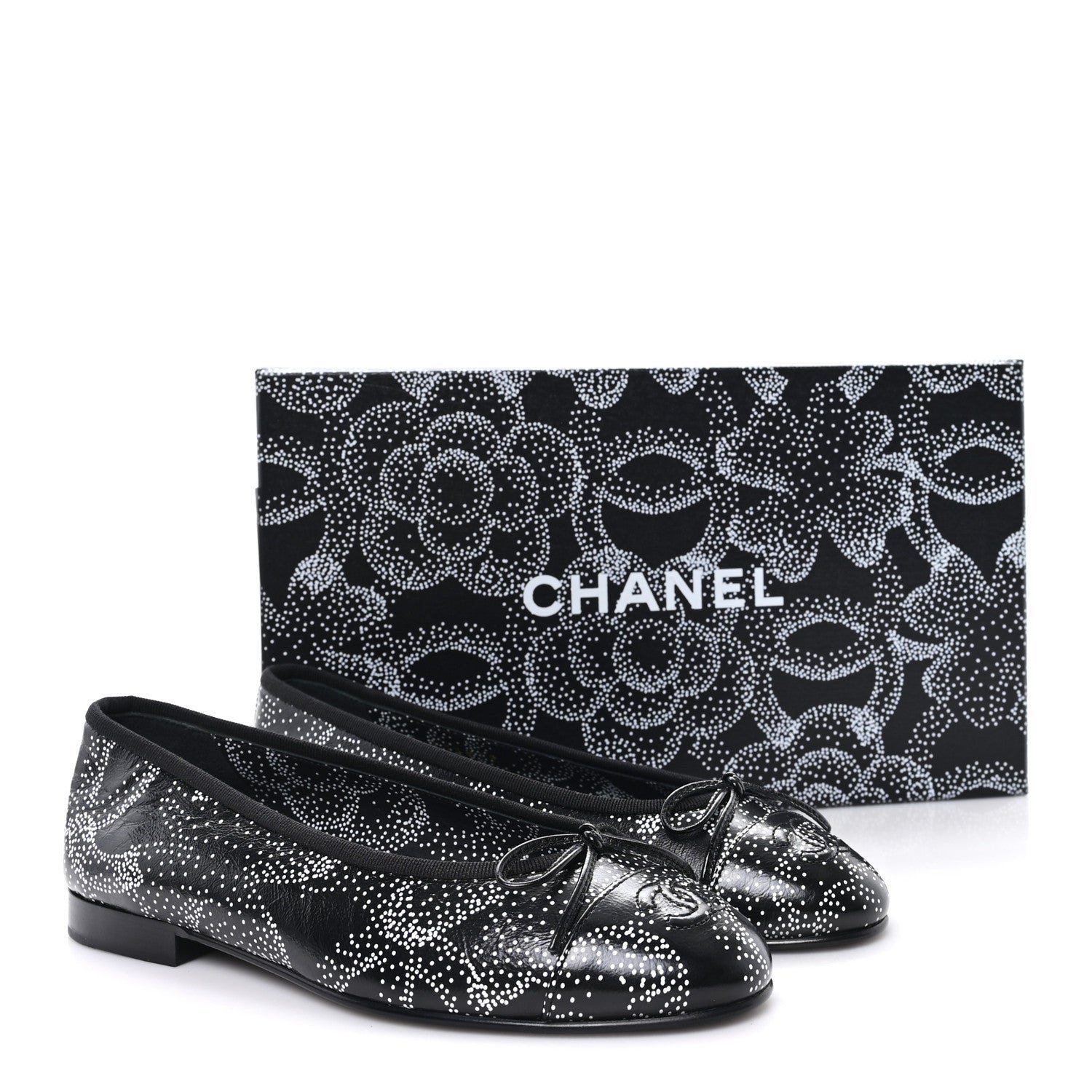 Calfskin Camellia Printed Cap Toe Ballerina Flats 36 Black White - Image 10