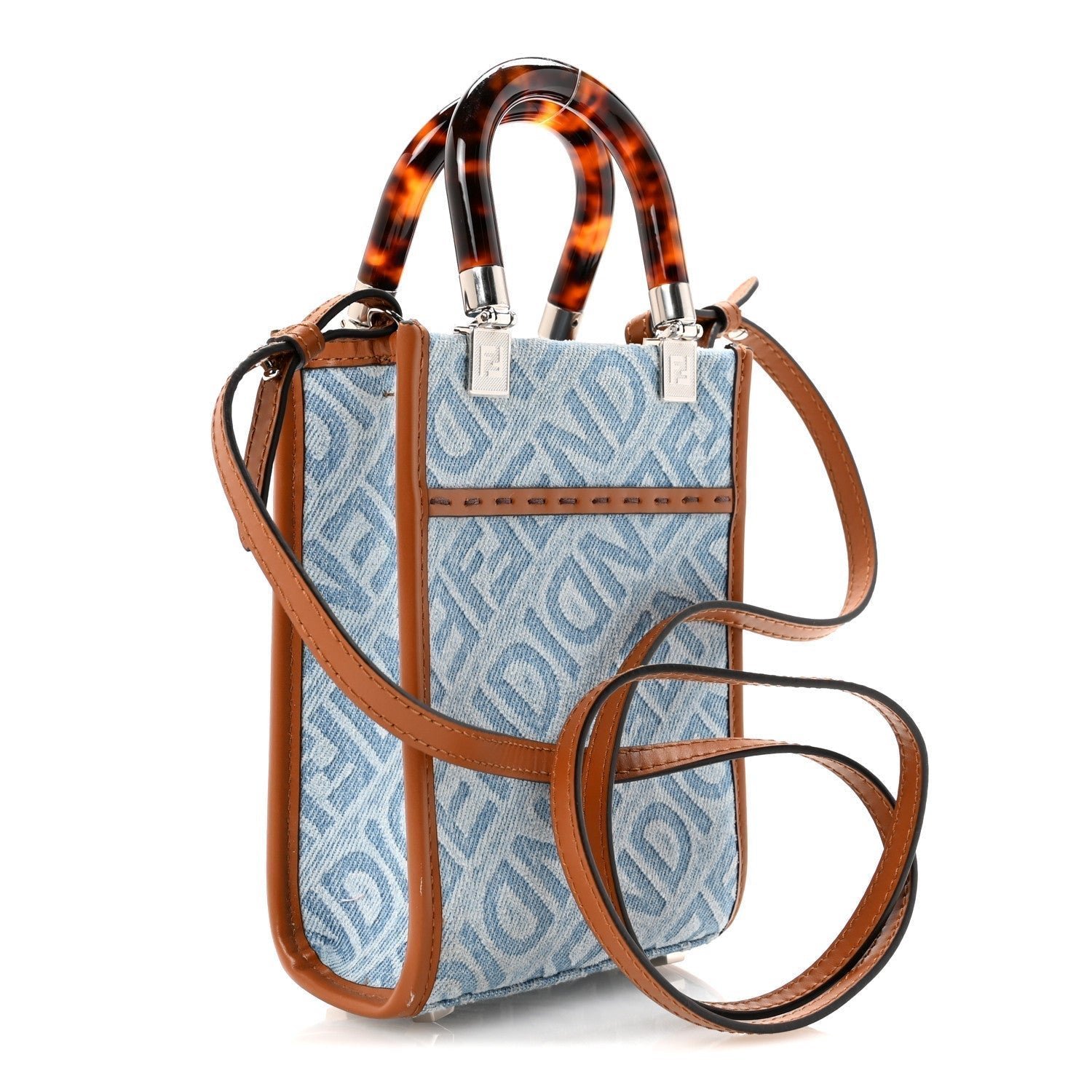 Fendi Denim Vitello King FF Embroidered Plexiglass Mini Sunshine Shopper Tote - Image 3