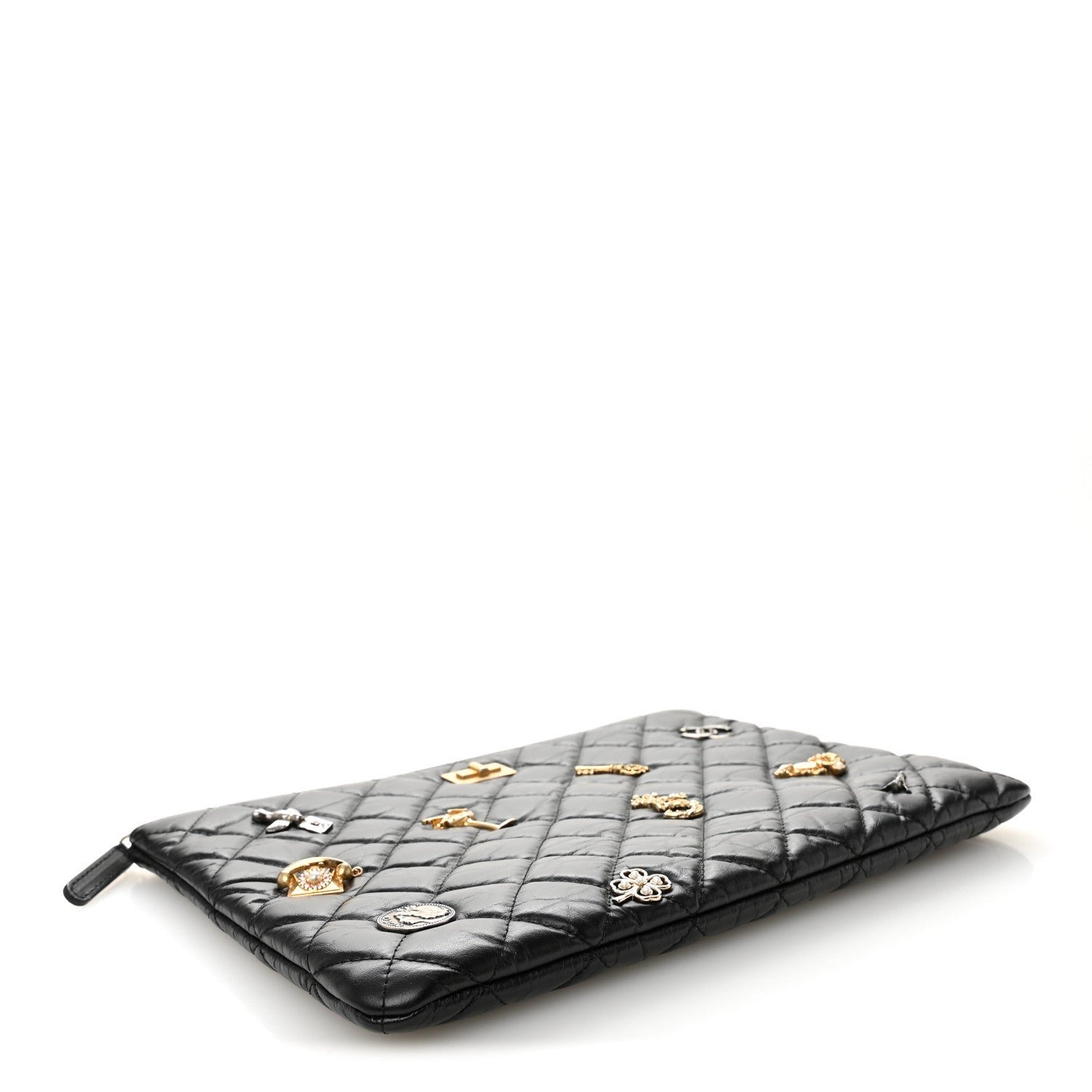 Aged Calfskin Quilted Medium Lucky Charms Cosmetic Case Black - Image 4