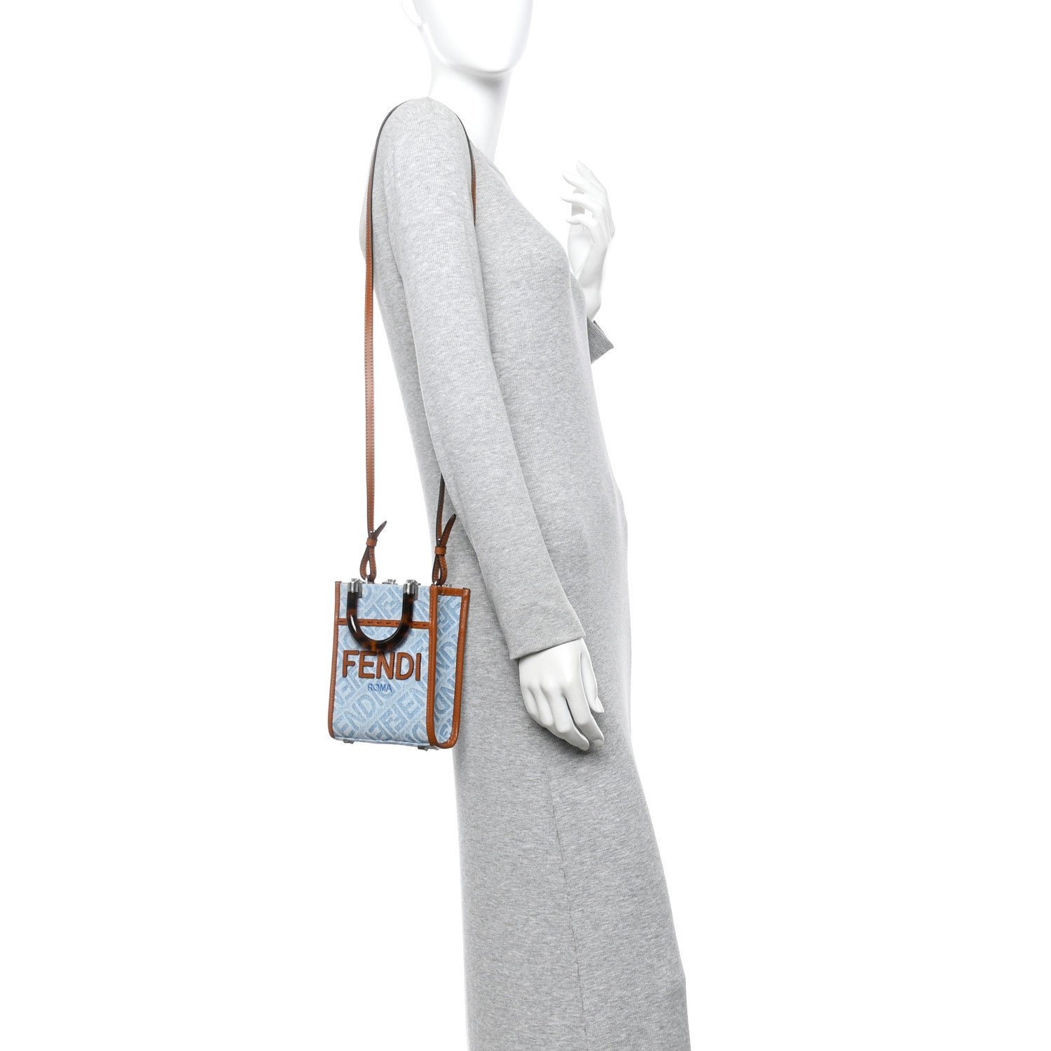 Fendi Denim Vitello King FF Embroidered Plexiglass Mini Sunshine Shopper Tote - Image 2