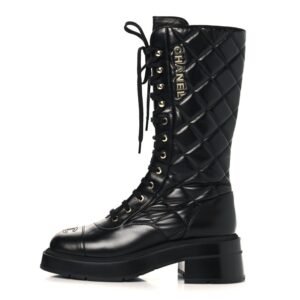 Calfskin Quilted Logo Lace Up Tall Combat Boots 37.5 Black