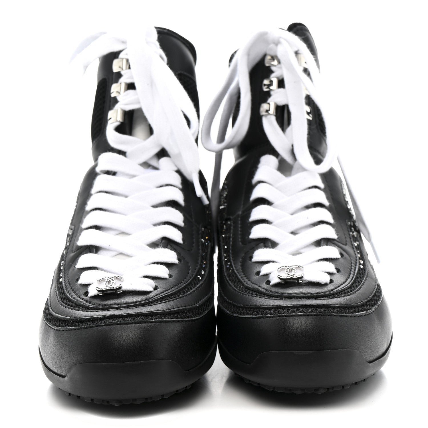 Calfskin Mesh Strass Womens CC Sneakers 37 Black Silver - Image 3