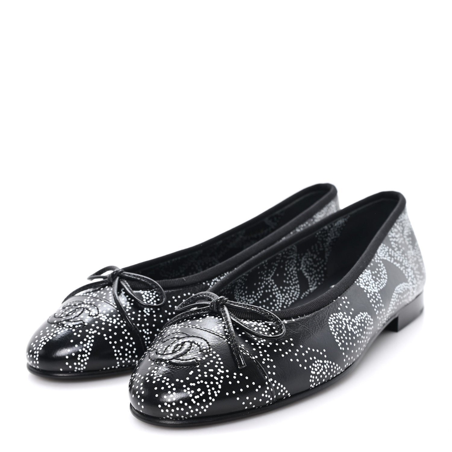 Calfskin Camellia Printed Cap Toe Ballerina Flats 36 Black White - Image 4