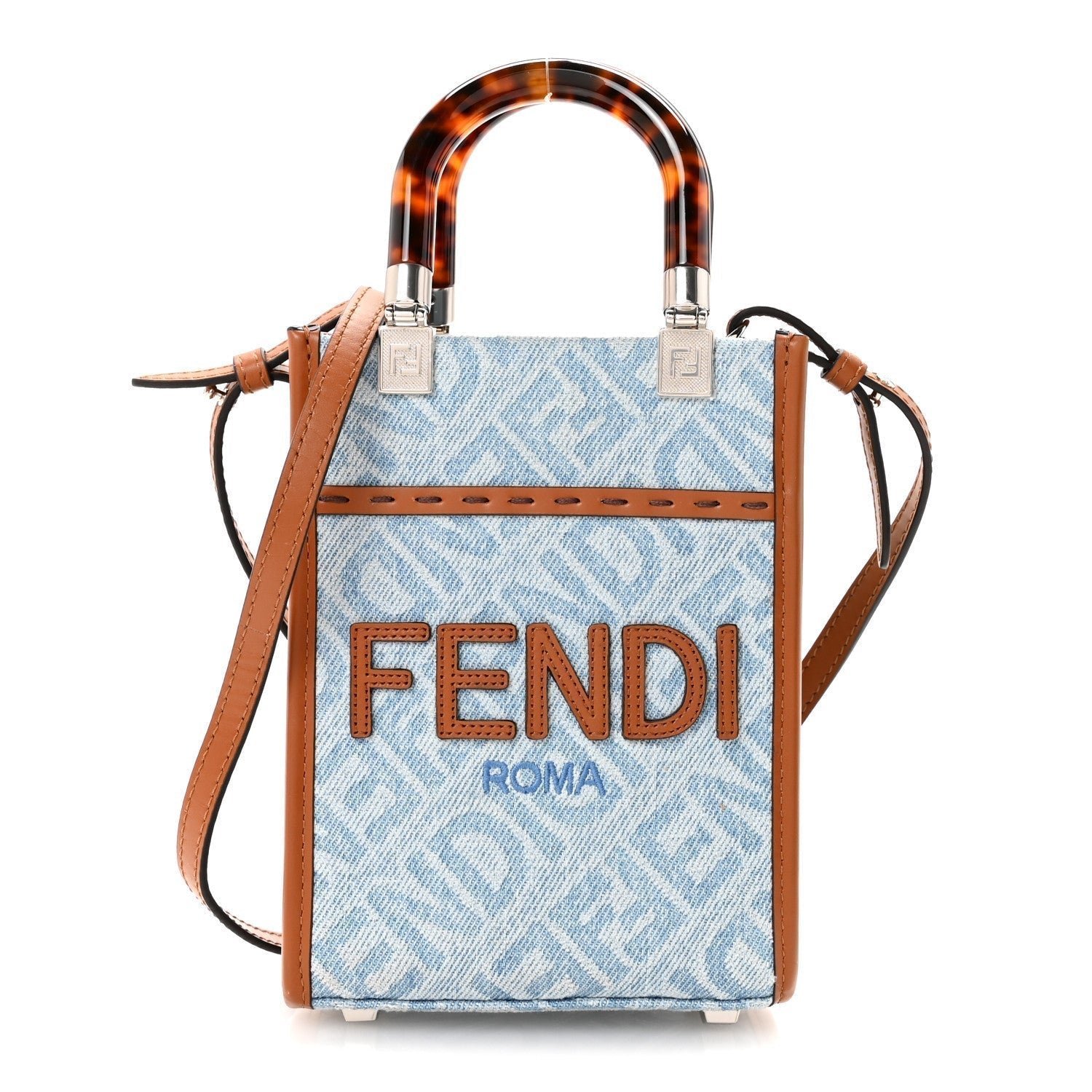 Fendi Denim Vitello King FF Embroidered Plexiglass Mini Sunshine Shopper Tote