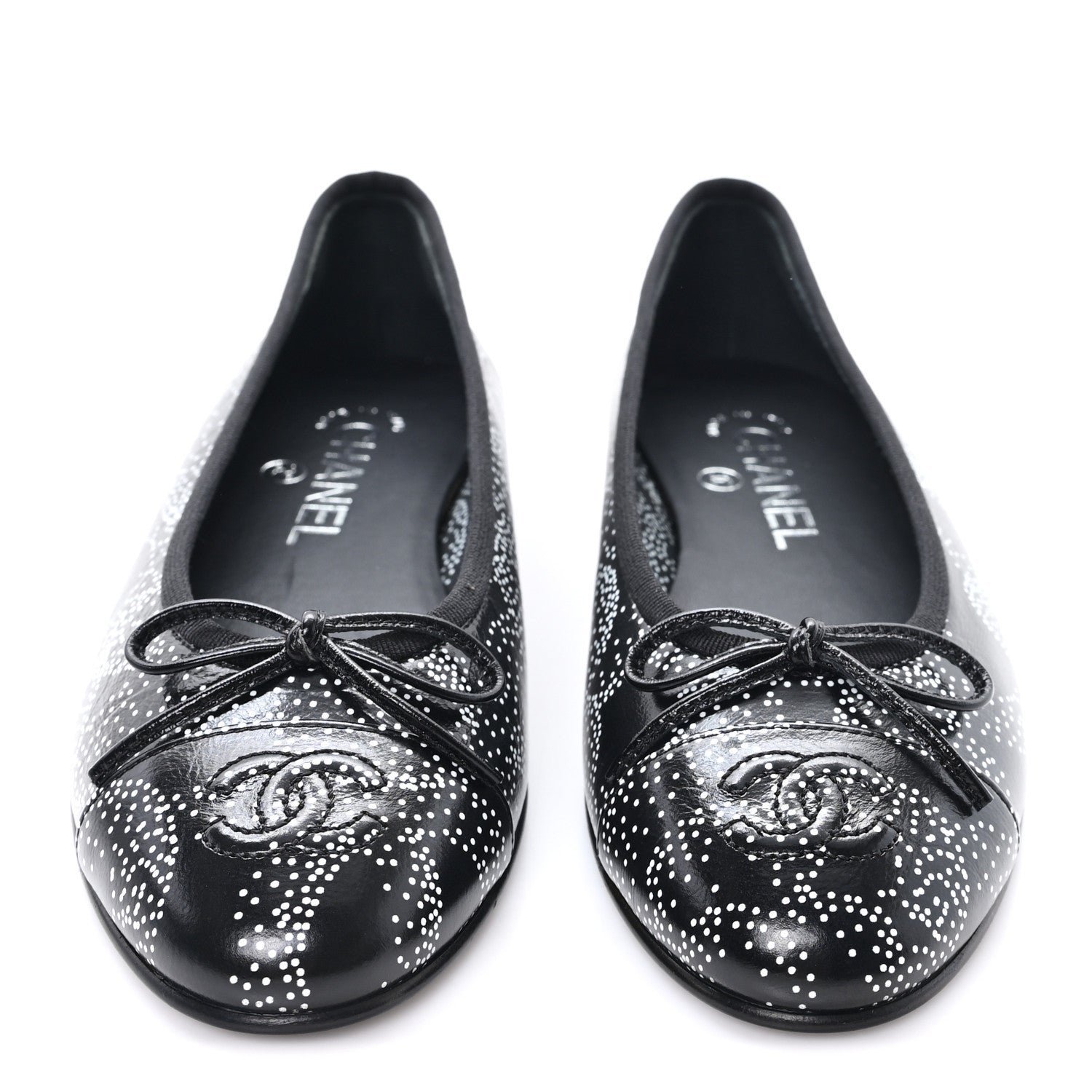 Calfskin Camellia Printed Cap Toe Ballerina Flats 36 Black White - Image 3