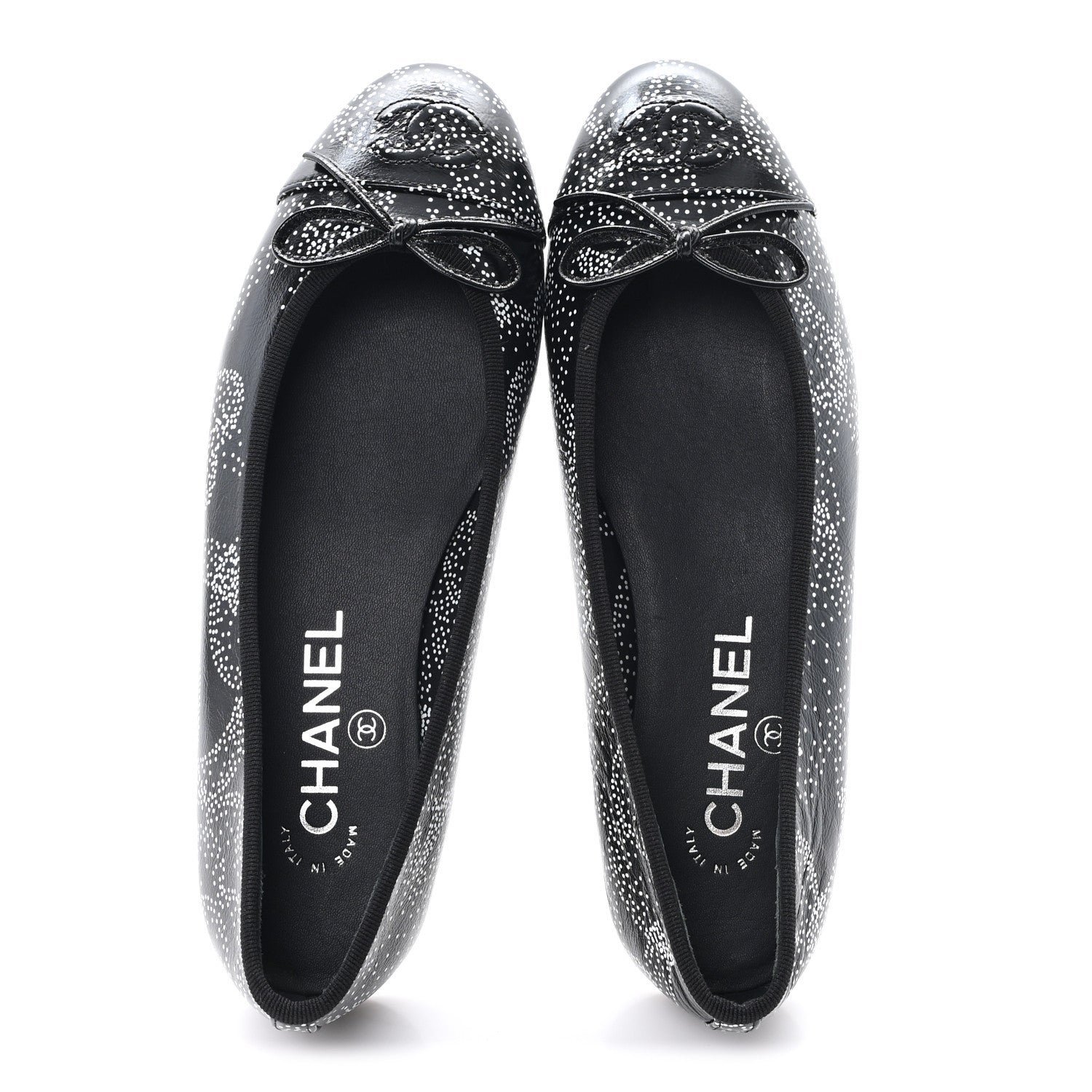 Calfskin Camellia Printed Cap Toe Ballerina Flats 36 Black White - Image 2